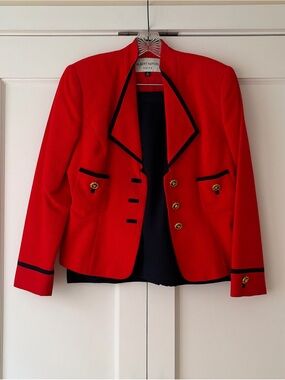 Albert Nipon 3 Piece Red Skirt Suit Size 8 Gold Buttons Vintage